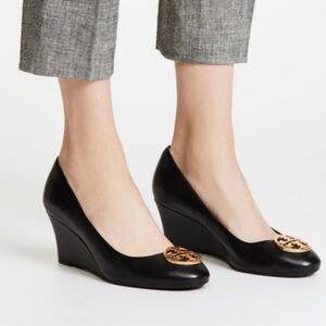 Tory Burch Black Caroline Classic Logo Patent Leather Wedge Heel.